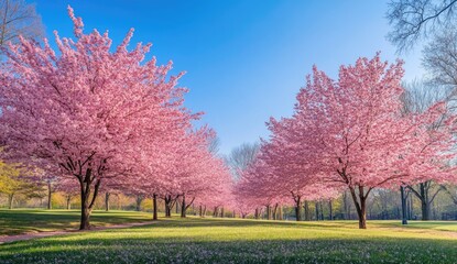 Pink cherry blossoms line a park path under a vibrant blue sky