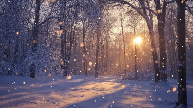 A serene winter scene with a snow-covered path illuminated by a street lamp