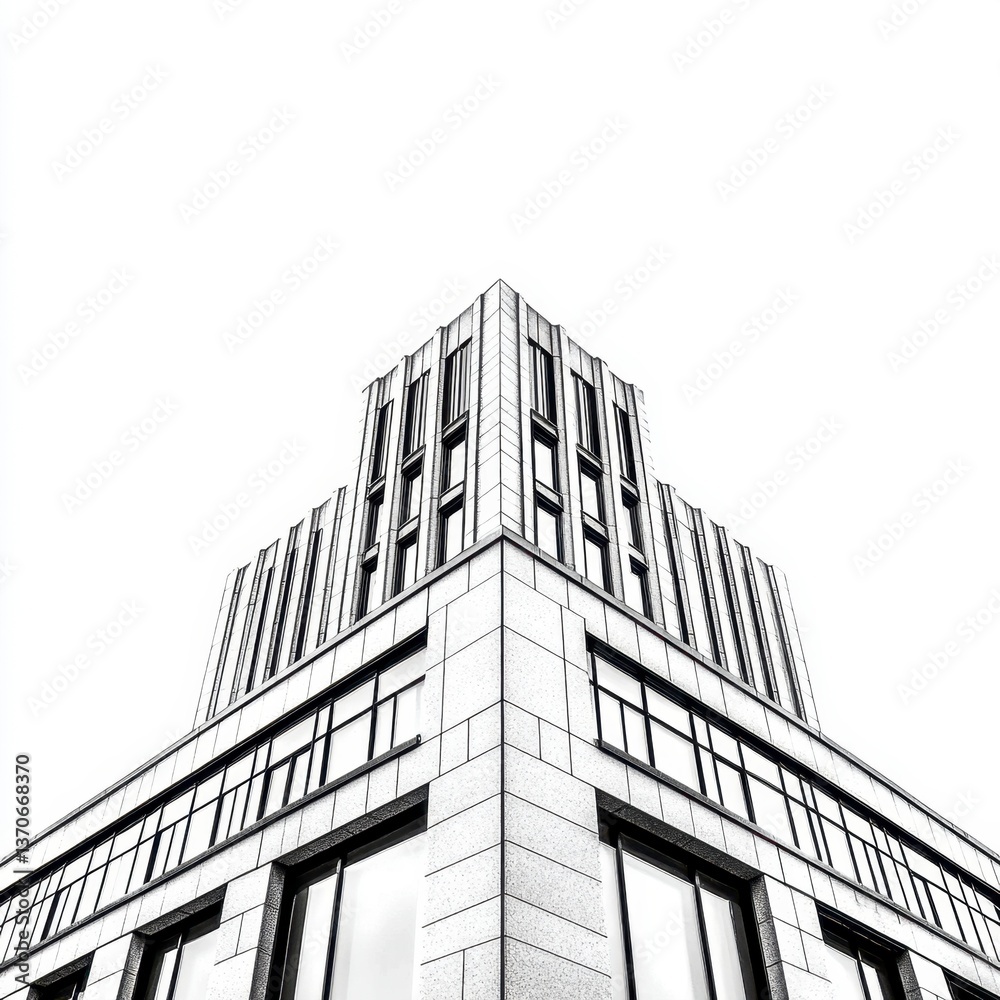 Poster black and white image of a building corner, showcasing architectural details and geometric patterns.