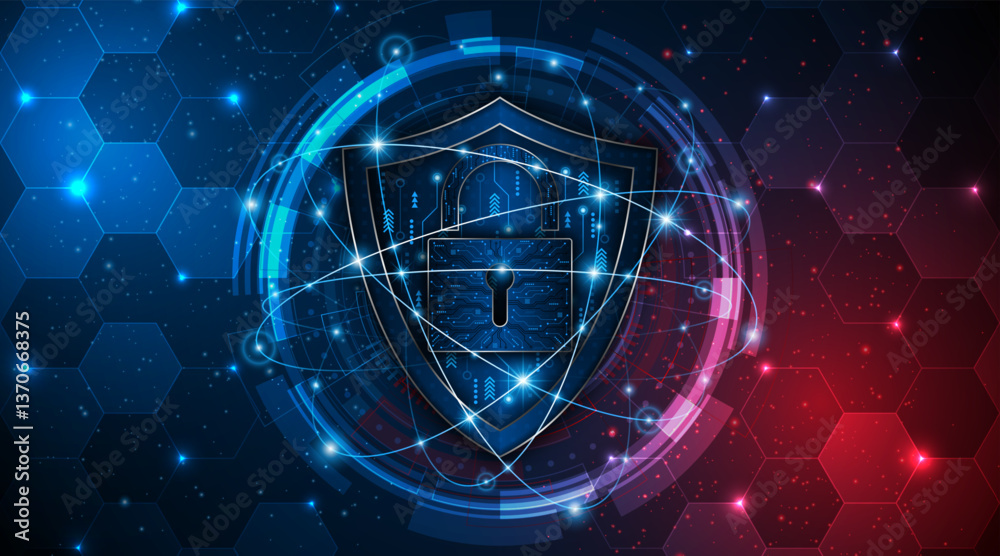 Poster Cyber ​​security concept with shield symbol and lock. Data protection and cyber privacy. Innovative concept of advanced safety technology	