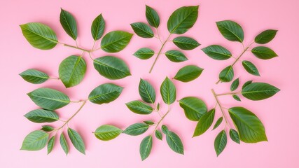 Green Tropical Leaves Design, Pink Surface, Flat Lay