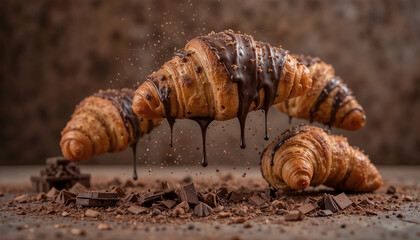 Chocolate-covered croissants with chocolate drips falling off, surrounded by chocolate crumbs on the surface