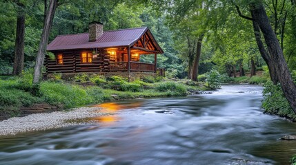 A rustic log cabin sits by a flowing river in the forest