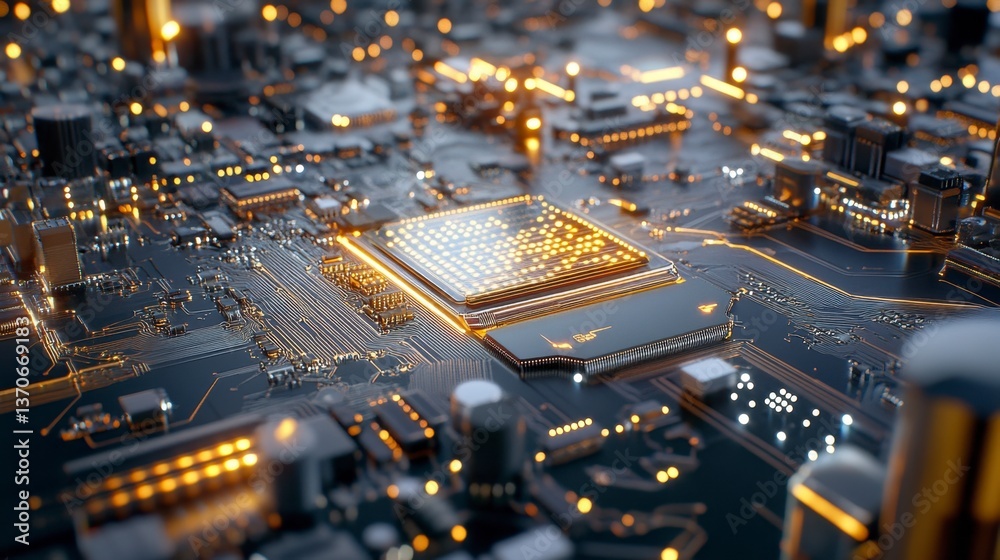 Poster close up view of a circuit board with glowing components, intricate pathways, and a central processo