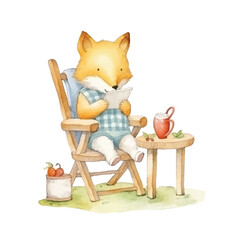 fox sitting on chair cute watercolors illustration on white background
