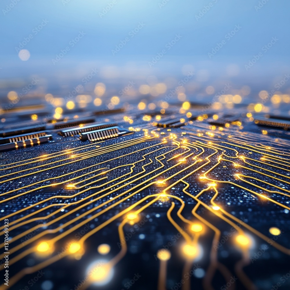 Poster abstract close up of a circuit board with glowing gold lines and connections on a dark blue backgrou