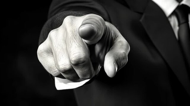 Pointing hand in formal attire conveys authority and engagement in a business context