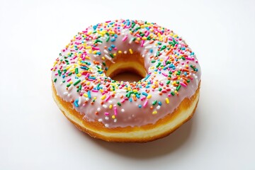 Delicious single pink iced ring doughnut topped with vibrant colorful rainbow sprinkles isolated on a clean plain white background surface