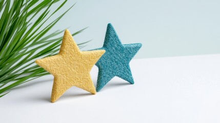 Two textured star shapes in gold and teal blue sit on a white surface next to a green plant. Minimalist, decorative image.