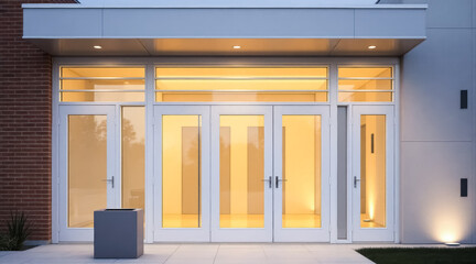 illuminated french doors in a modern building exterior