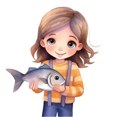girl holding fish cute watercolors illustration on white background
