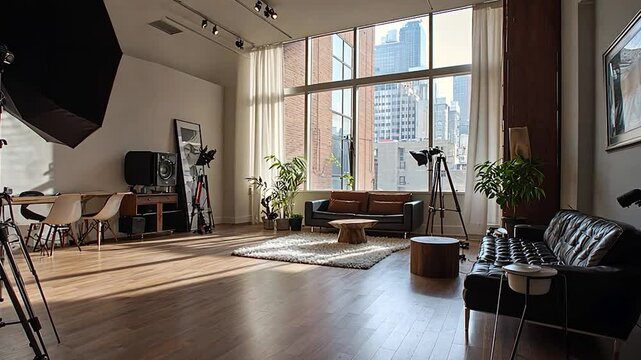 Spacious modern loft with large windows, stylish furniture, and photography equipment, city view