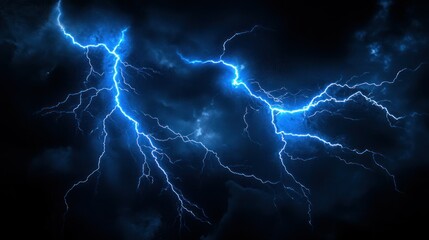 Vivid blue lightning strikes through a dark and stormy sky, powerful nature.