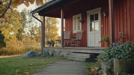 A charming red wooden house with a porch in sunlight
