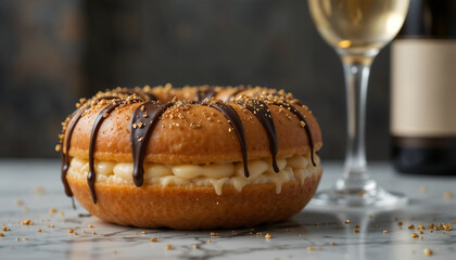 A chocolate donut with cream filling, drizzled with chocolate syrup and golden sprinkles on top, with a glass of champagne behind it