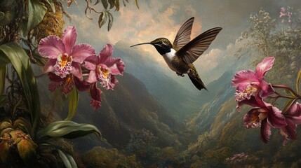 Hummingbird in Flight Among Pink Flowers