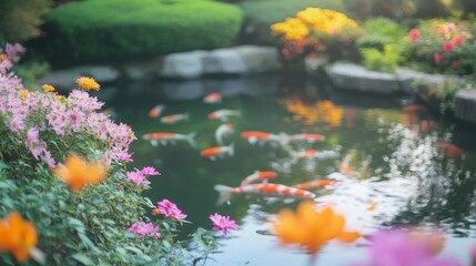 A serene pond filled with colorful koi fish and vibrant flowers