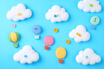 FlatLay Sky Clouds with Buttons, Colorful Hot Air Balloons on Blue Background