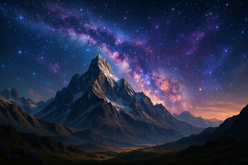 Epic background , beautiful landscpae , big mountain and fantasy galaxy sky.
