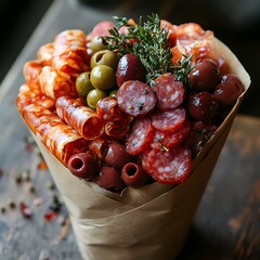 Charcuterie Bouquet: A beautifully arranged charcuterie bouquet, brimming with an array of savory meats, olives, and herbs, presents an appetizing still life