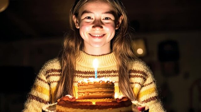 Young girl celebrating birthday with cake and candle, expressing joy and happiness in cozy indoor setting, surrounded by warm lights and festive mood