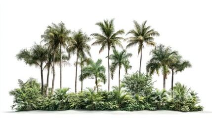 Tropical palm trees and foliage arrangement against a white background