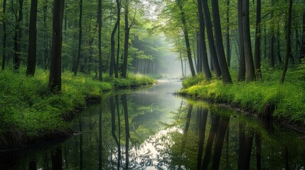 Fototapeta premium A serene river flows peacefully through a lush green forest setting