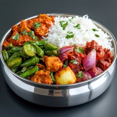 Aromatic Indian meal served in a metallic bowl, featuring chicken curry, green beans, potatoes, and rice. The vibrant colors and textures of the food are displayed against a dark background.