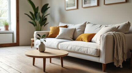 Fototapeta premium minimalist living room features a creamy sofa with mustard-yellow and pillows