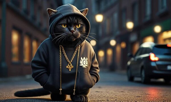 Black cat wearing hoodie and gold chains standing on a street at nighttime
