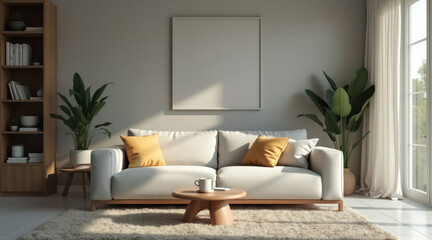 Obraz premium sunlit living room with beige sofa and yellow pillows
