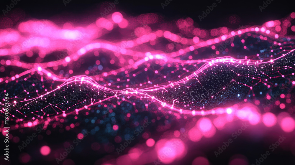 Poster abstract digital landscape with glowing pink particles forming dynamic wave pattern. concept of arti