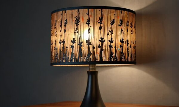Illuminated table lamp with floral patterned shade on wooden surface indoors