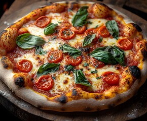 A Slice of Heaven: A vibrant pizza, adorned with succulent tomatoes, fragrant basil, and melted cheese, rests invitingly on a wooden surface, promising a delightful culinary experience.