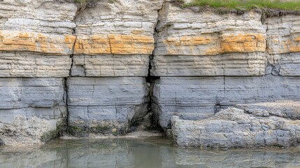 Layered Rock Cliff Face with Crack and Water