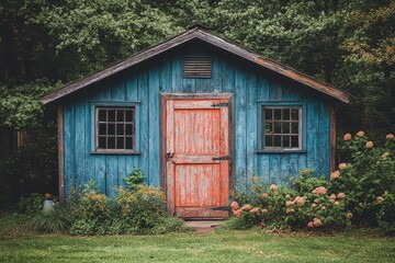 Quaint rustic shed surrounded by vibrant flowers