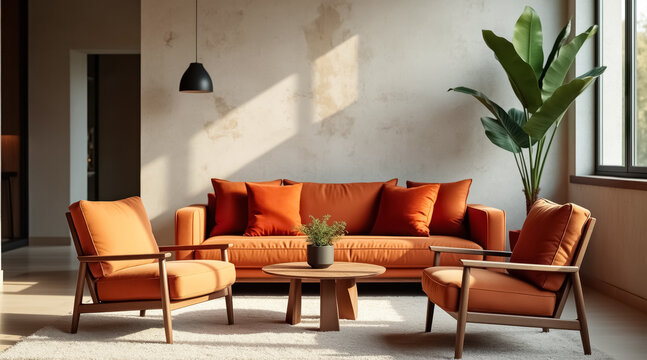 stylish burnt sofa and armchairs in a modern living room