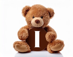 Obraz premium Cute brown teddy bear with letter I. Baby name reveal after child birth. Stuffed animal isolated on white background