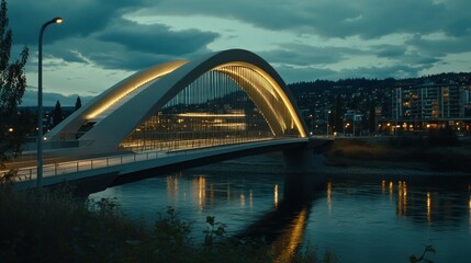 Obraz premium Modern illuminated bridge arches over reflective water under a twilight sky