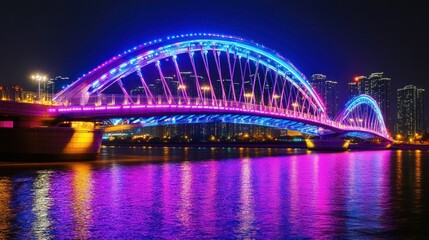 Obraz premium Illuminated bridge with vibrant colors spans across a calm body of water