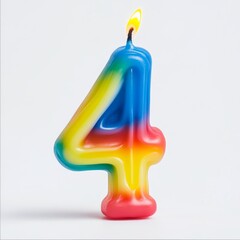 the number 4 as a colorful smooth wax birthday candle on a blank background 