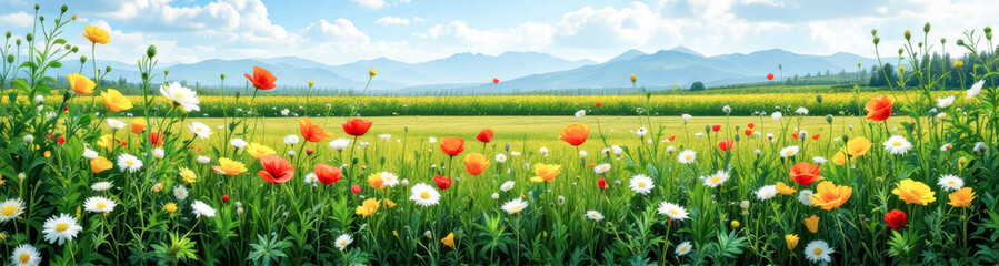 Fototapeta premium vibrant wildflower meadow with rolling and blue sky
