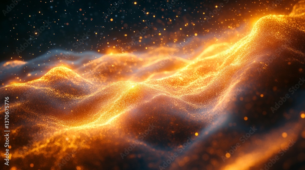 Poster 3d abstract visualization of data, with glowing particles and waves of information flowing across th