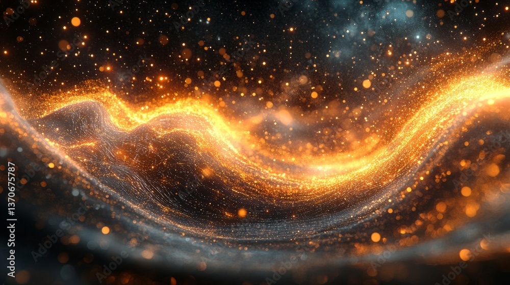 Poster 3d abstract visualization of data, with glowing particles and waves of information flowing across th