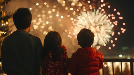 A family enjoying the fireworks display at night together