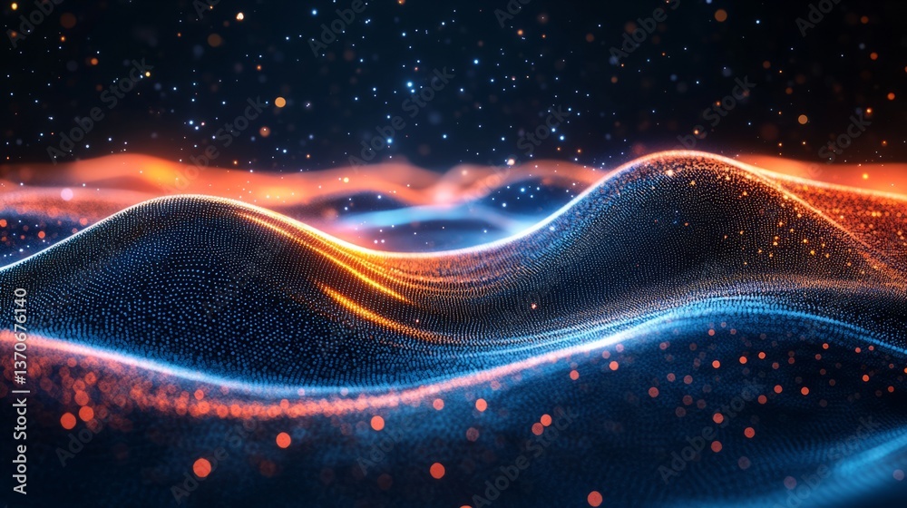 Poster 3d digital abstract art featuring particles in motion, visualizing big data and information flow in 