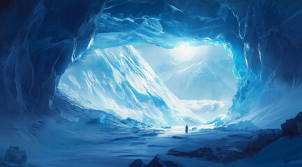 Fototapeta premium Majestic Ice Cave Landscape with Snowy Mountains and Ocean View. This image evokes a sense of adventure, exploration, and the awe-inspiring beauty of the Arctic wilderness. 