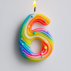 Obraz premium the number 6 as a colorful smooth wax birthday candle on a blank background 