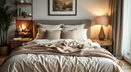 neatly made bed with soft beige linens and a warm-toned throw