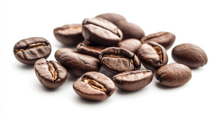 Naklejka premium A handful of rich, aromatic coffee beans rests against a pure white background, showcasing their deep color and glossy texture